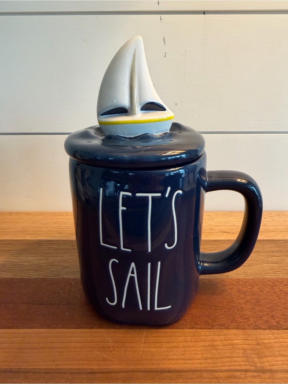 Rae Dunn Navy Mug LET’S SAIL with Sailboat Topper